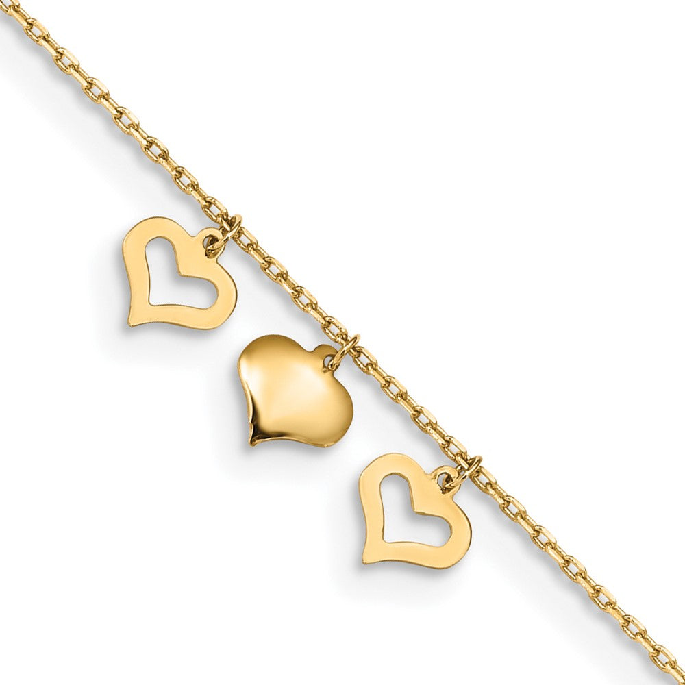 14k 3 Hearts 10inch Plus 1 inch Extension Anklet