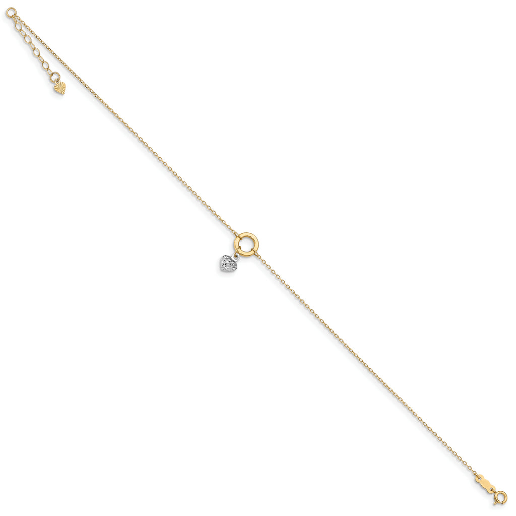 14K Two-tone Circle with Diamond Cut Puff Heart 9in Plus 1in ext Anklet