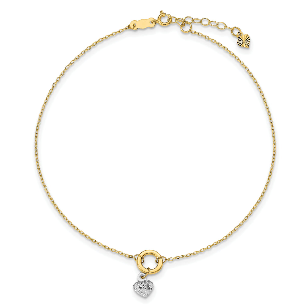 14K Two-tone Circle with Diamond Cut Puff Heart 9in Plus 1in ext Anklet