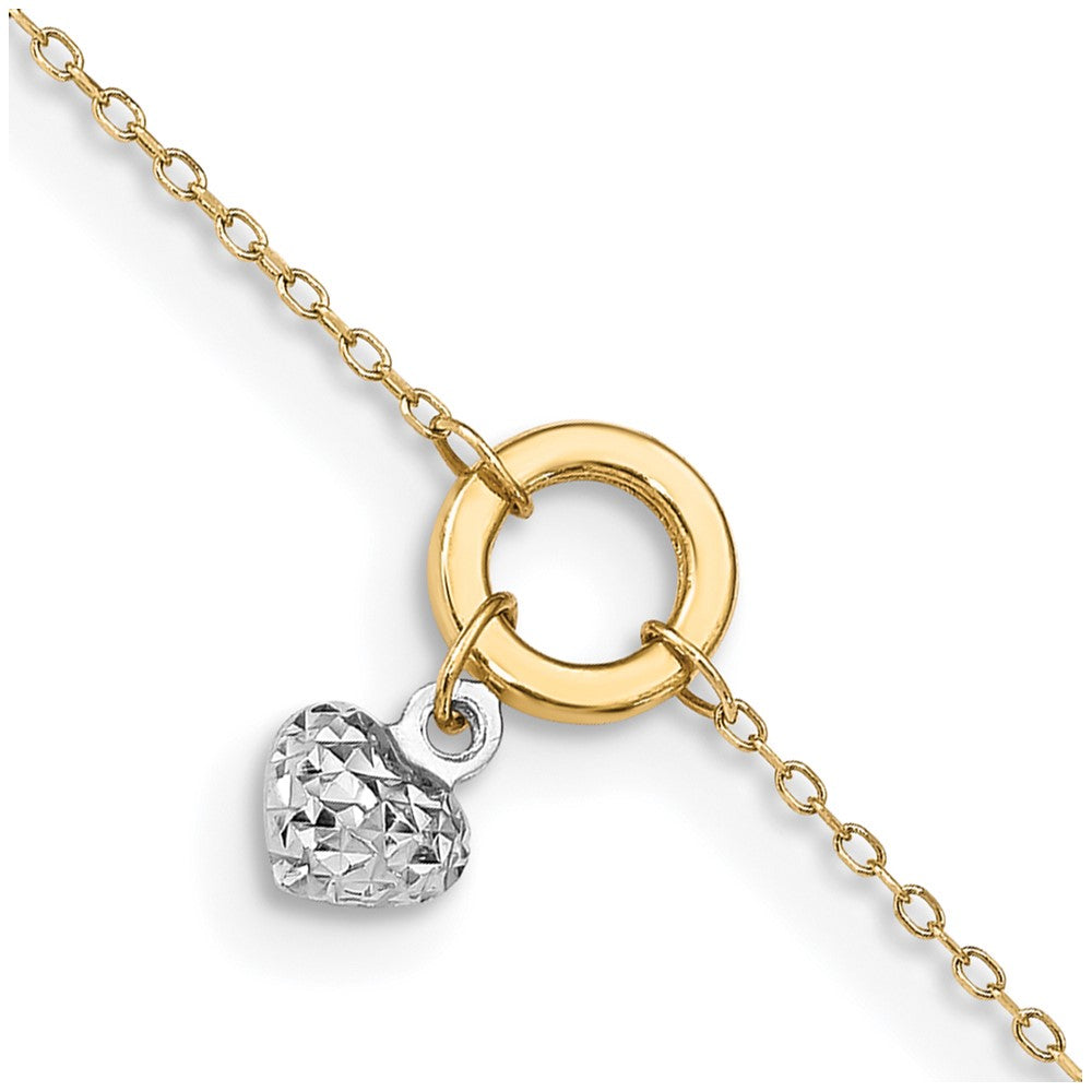 14K Two-tone Circle with Diamond Cut Puff Heart 9in Plus 1in ext Anklet