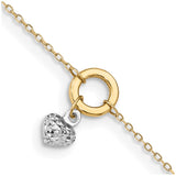 14K Two-tone Circle with Diamond Cut Puff Heart 9in Plus 1in ext Anklet