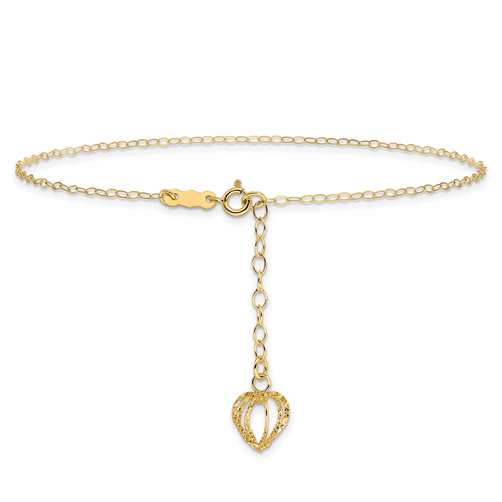 14K Oval Link Chain with Diamond-cut Heart Cage 9in Plus 1in Ext Anklet