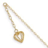 14K Oval Link Chain with Diamond-cut Heart Cage 9in Plus 1in Ext Anklet