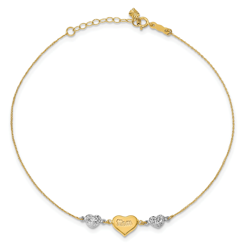 14K Two-tone Diamond-cut Puffed Hearts MOM 9in Plus 1in ext Anklet