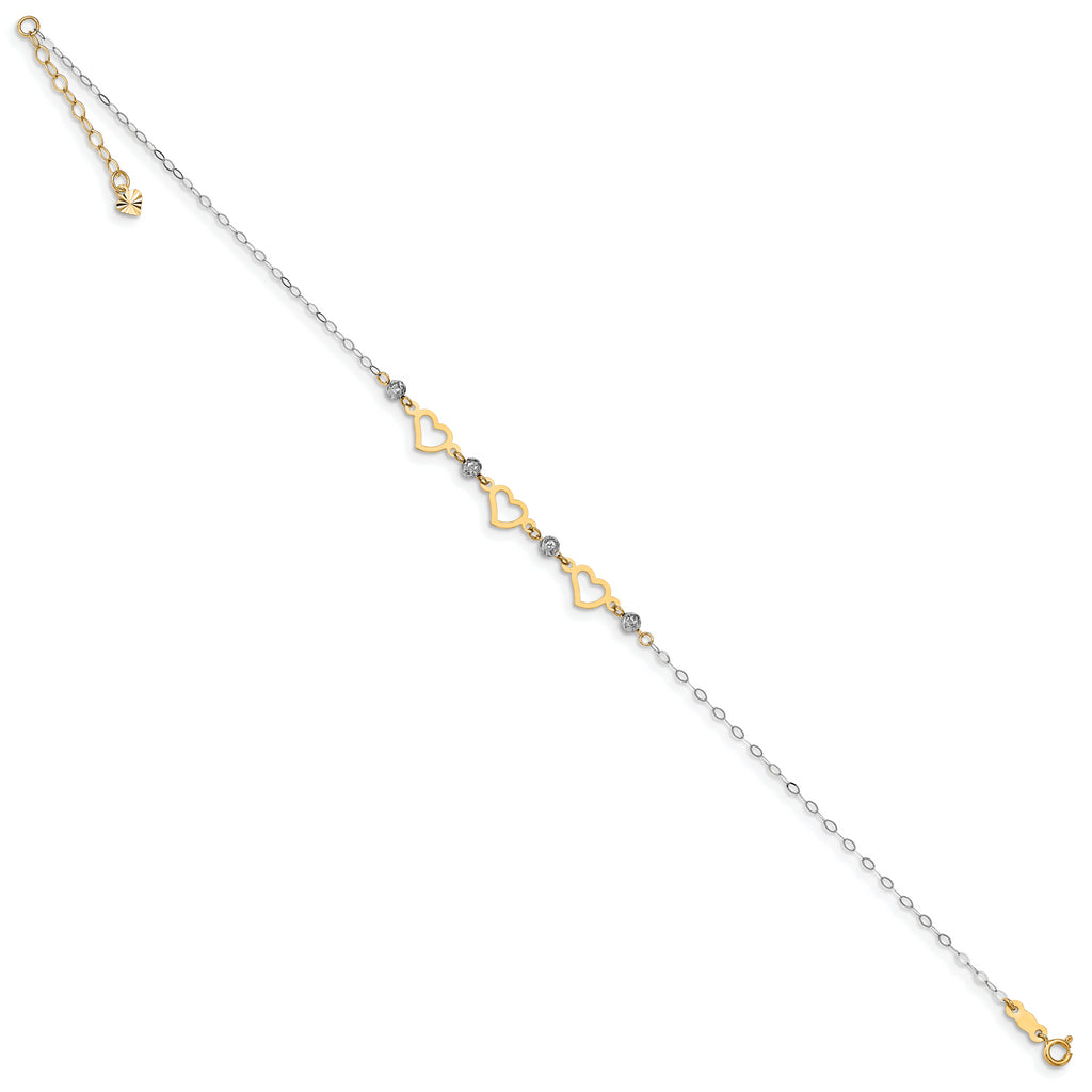 14K Two-tone Oval Link Diamond-cut Beads and Heart 9in Plus 1in Ext Anklet