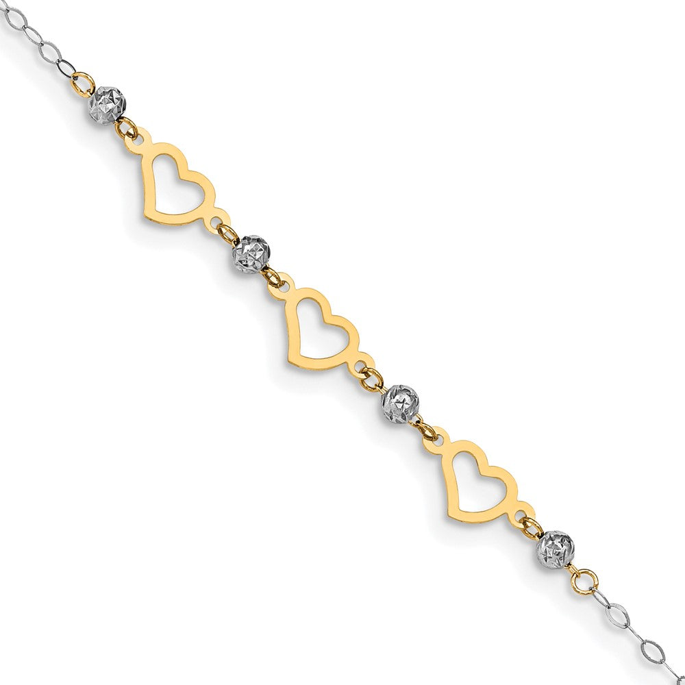 14K Two-tone Oval Link Diamond-cut Beads and Heart 9in Plus 1in Ext Anklet