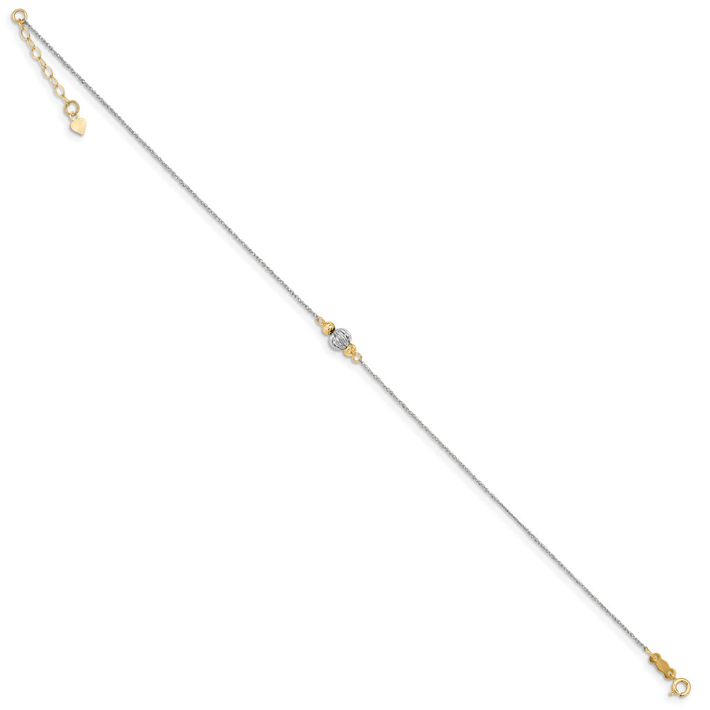 14K White Gold Ropa Two-tone Diamond Cut Bead 9in Plus 1in Ext. Anklet