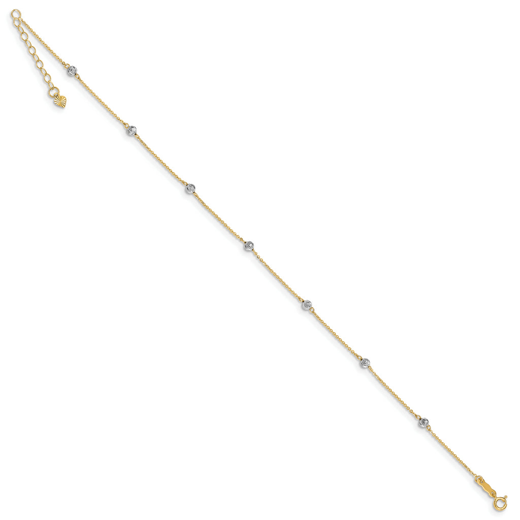 14K Two-tone Diamond-cut Beads 9in Plus 1in Ext. Anklet