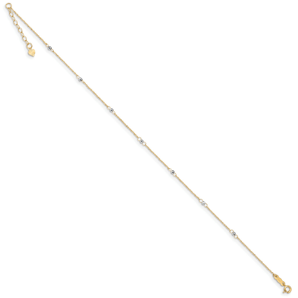 14K Two-tone Ropa Mirror Bead 9in Plus 1in Ext. Anklet