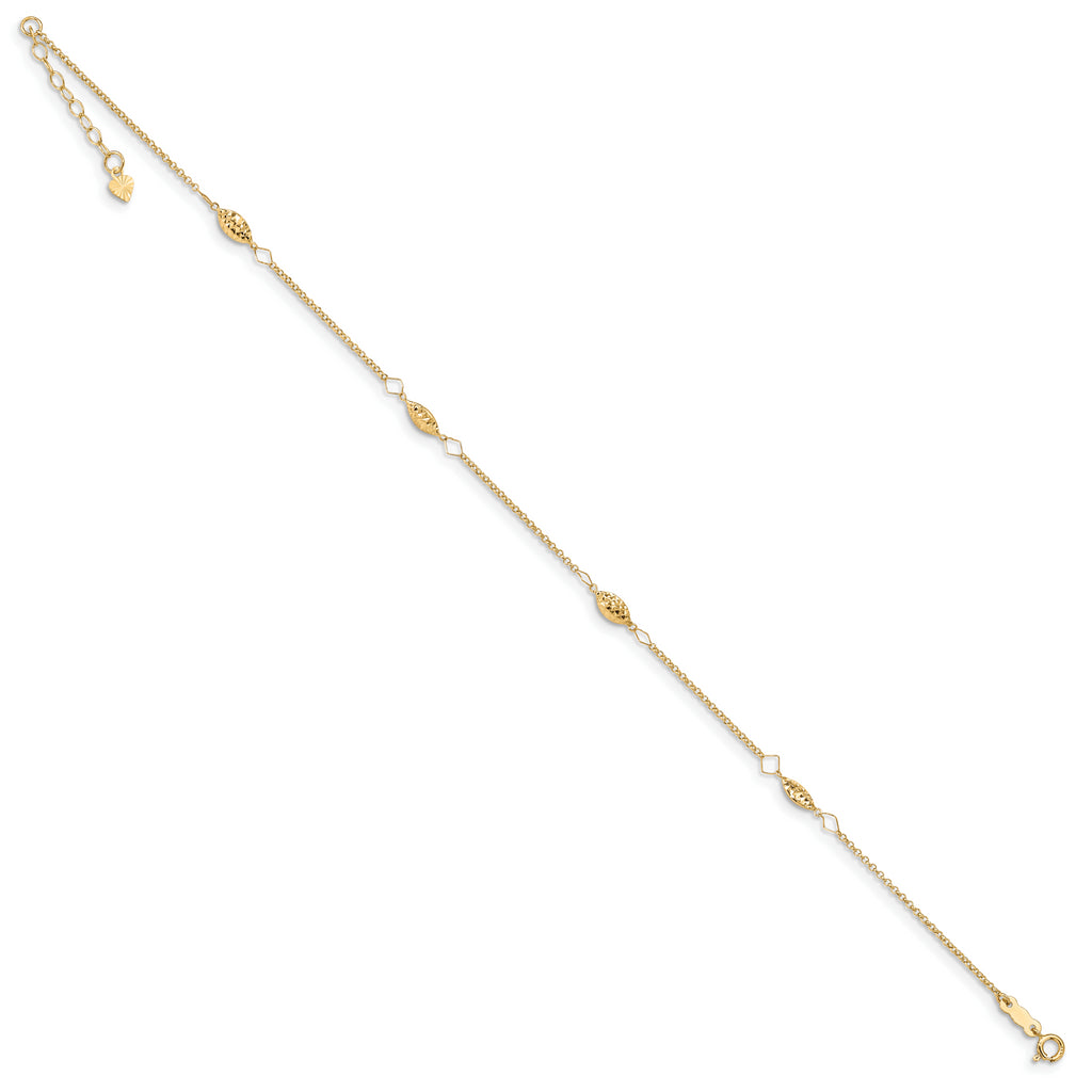 14K Circle Chain Diamond Cut Rice Puff Beads 9in Plus 1in Ext Anklet