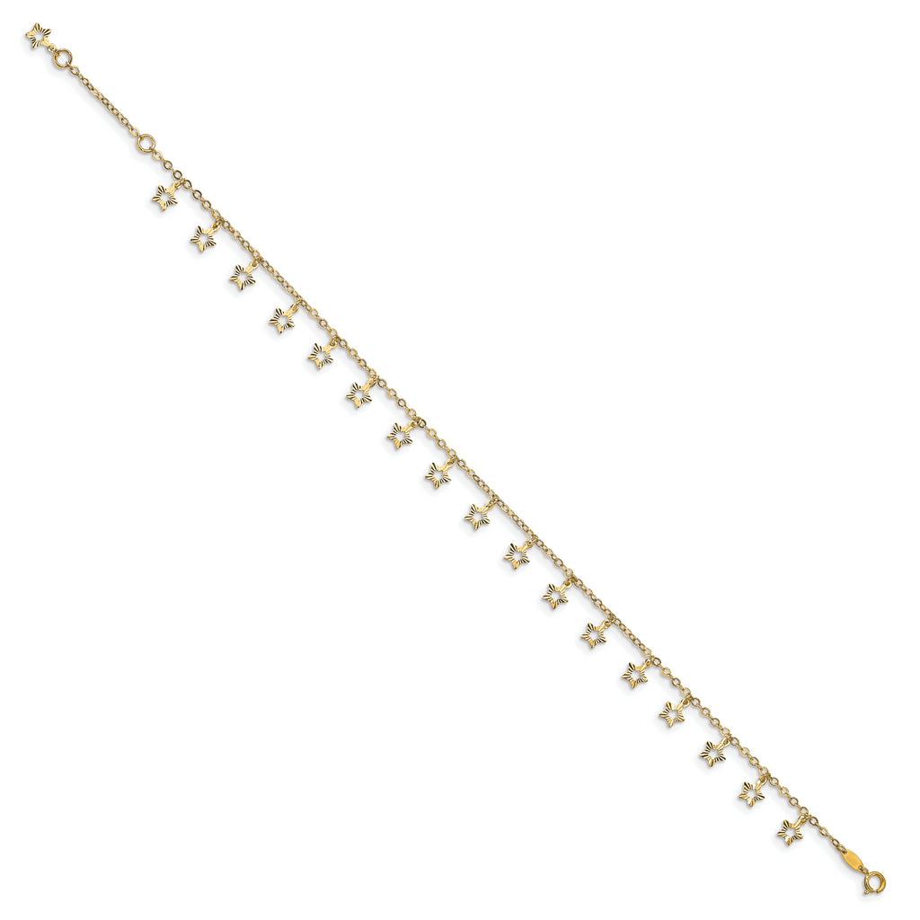 14k Polished and Textured Star 9in Plus 1in ext. Anklet