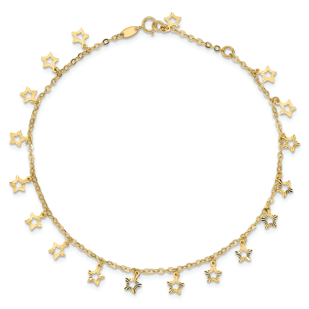 14k Polished and Textured Star 9in Plus 1in ext. Anklet