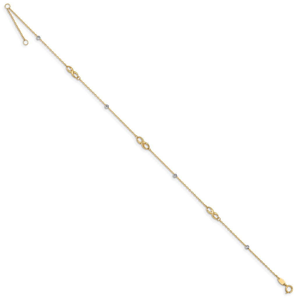 14K Two-Tone Diamond-cut Beads and Infinity 10in Plus 1in ext. Anklet