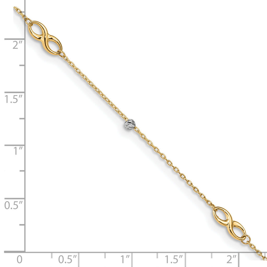 14K Two-Tone Diamond-cut Beads and Infinity 10in Plus 1in ext. Anklet