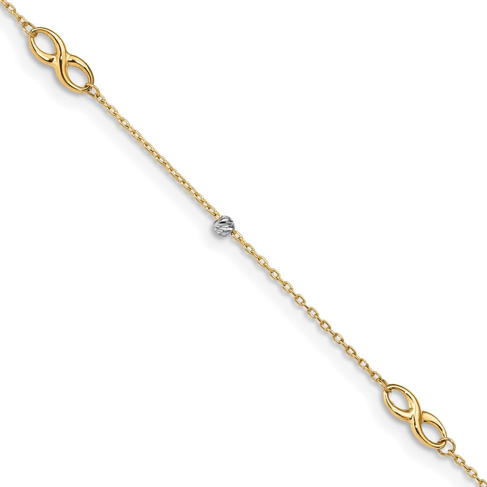 14K Two-Tone Diamond-cut Beads and Infinity 10in Plus 1in ext. Anklet