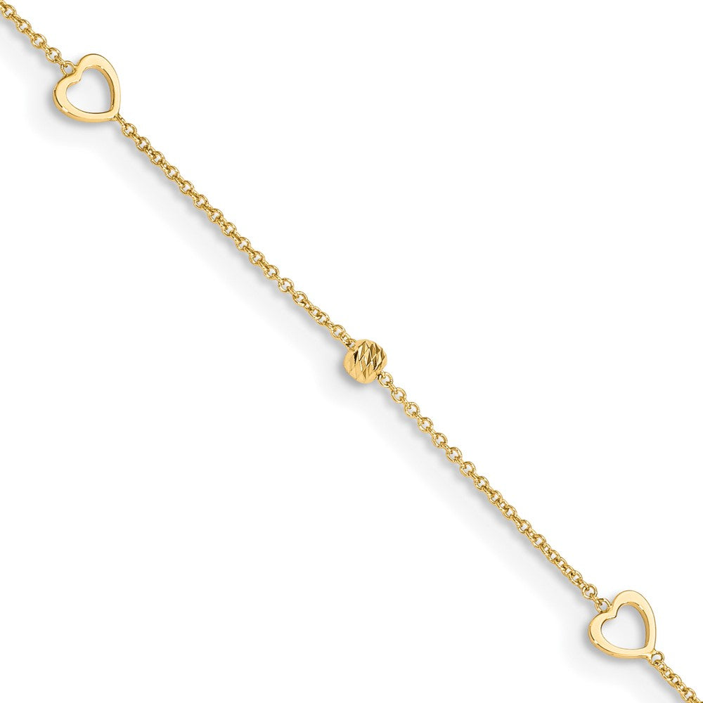 14K Polished and Diamond-cut Hearts 10in Plus 1in ext Anklet