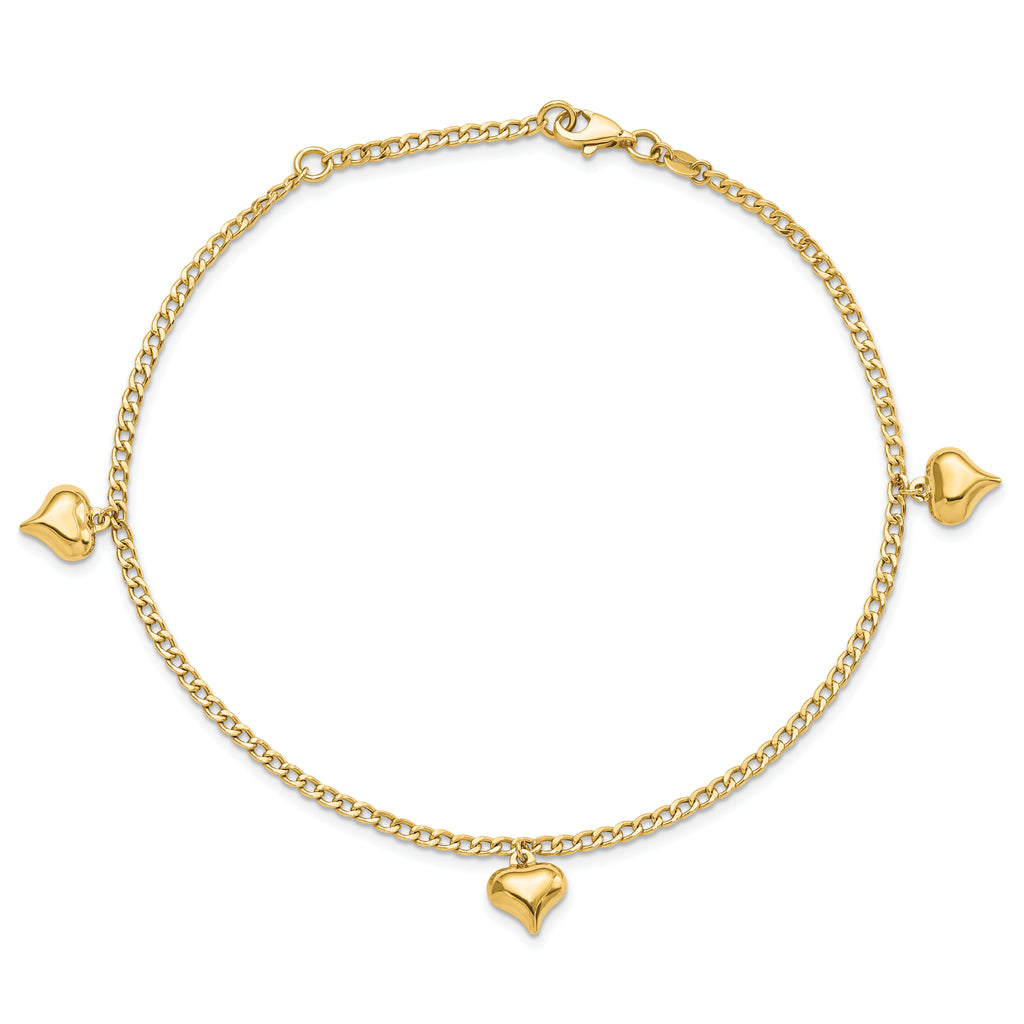 14K Polished 3 Puffed Heart 9in Plus 1in ext  Anklet