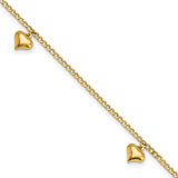 14K Polished 3 Puffed Heart 9in Plus 1in ext  Anklet