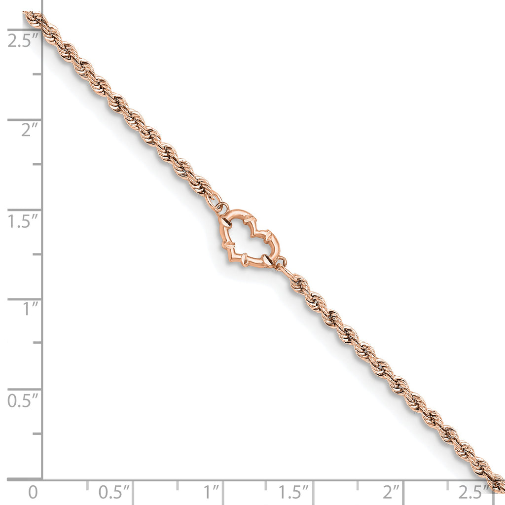 14k Rose Gold Diamond-cut Rope with Heart 10in Anklet