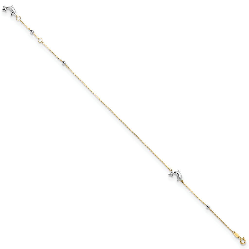 14K Two-tone Polished Dolphin 9in Plus 1in ext. Anklet