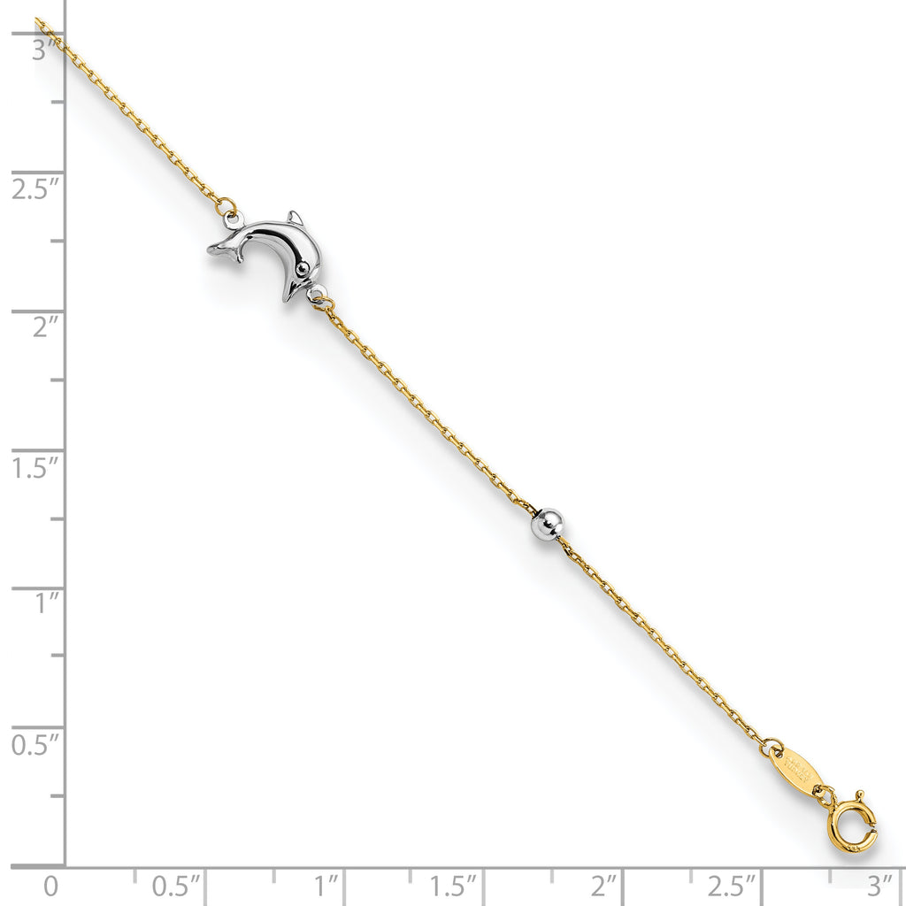 14K Two-tone Polished Dolphin 9in Plus 1in ext. Anklet