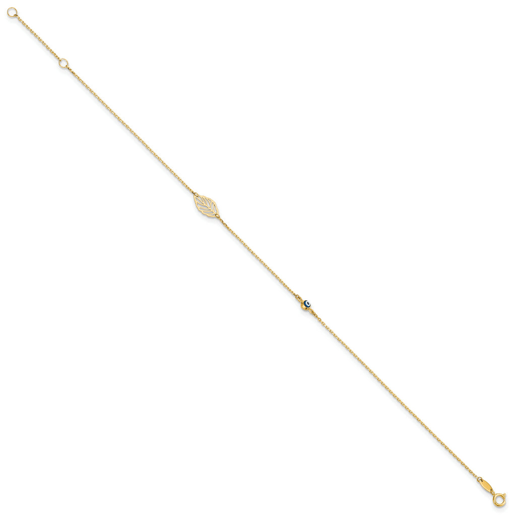 14k Leaf and Glass Eye Bead 9in Plus 1in Ext  Anklet