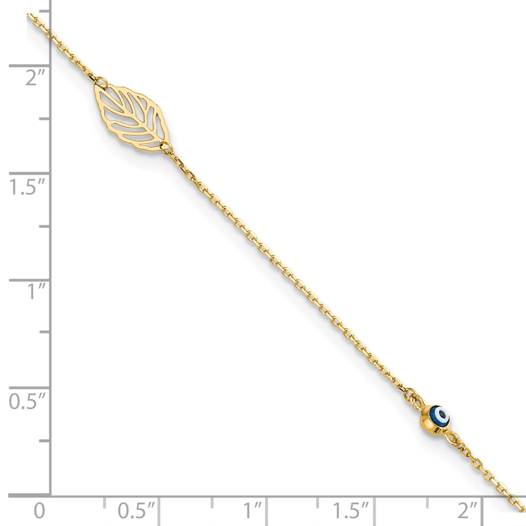 14k Leaf and Glass Eye Bead 9in Plus 1in Ext  Anklet