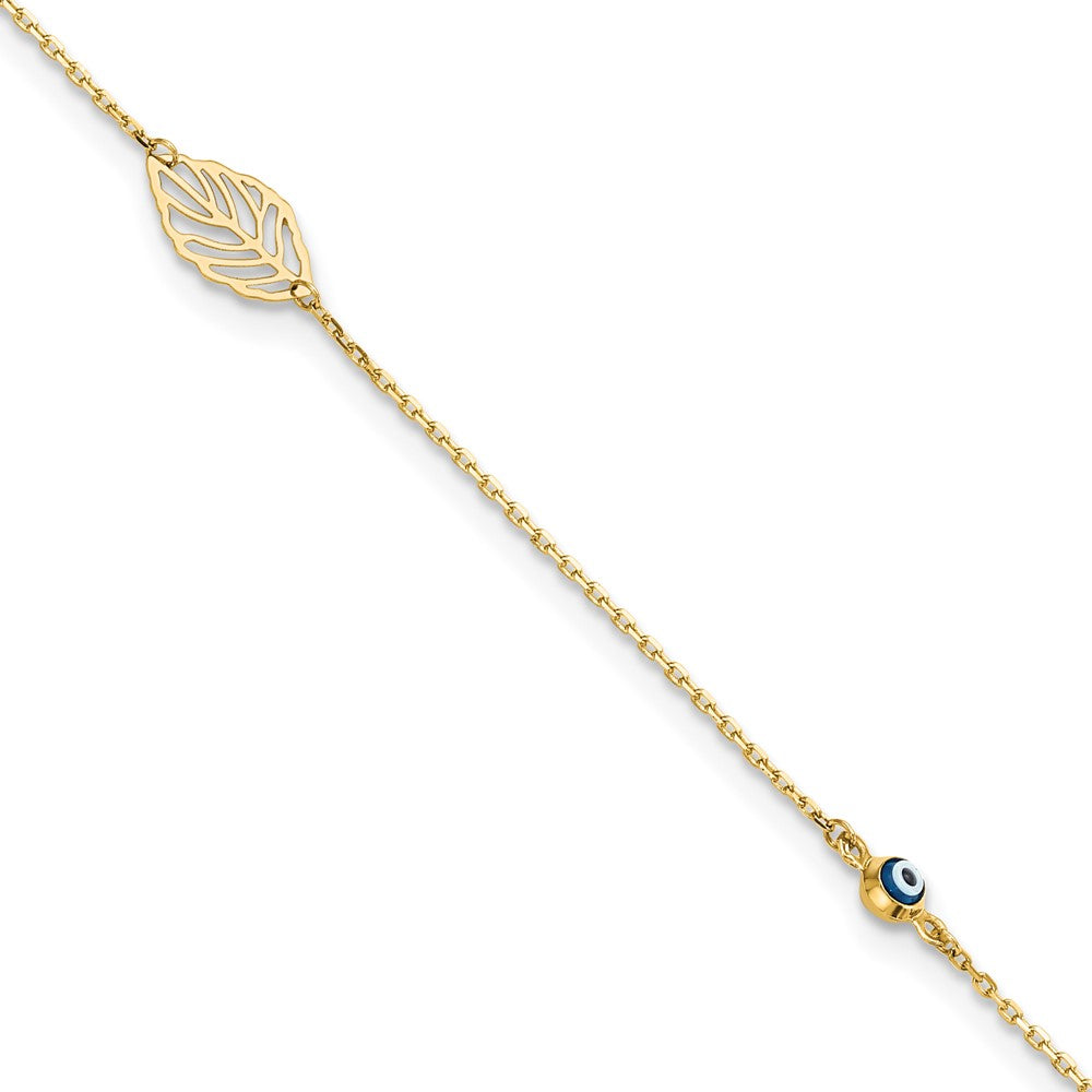 14k Leaf and Glass Eye Bead 9in Plus 1in Ext  Anklet