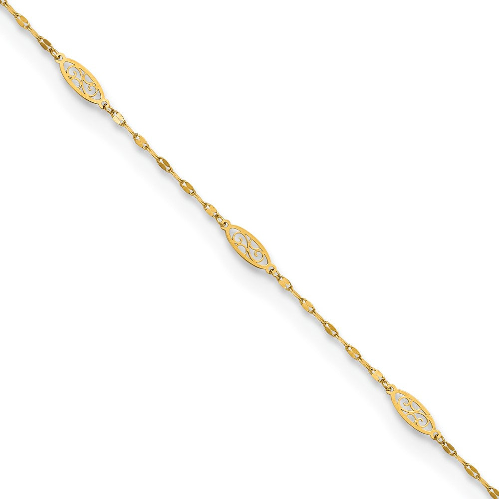 14K Polished Fancy Filigree Link 9in Plus 1 in ext. Anklet