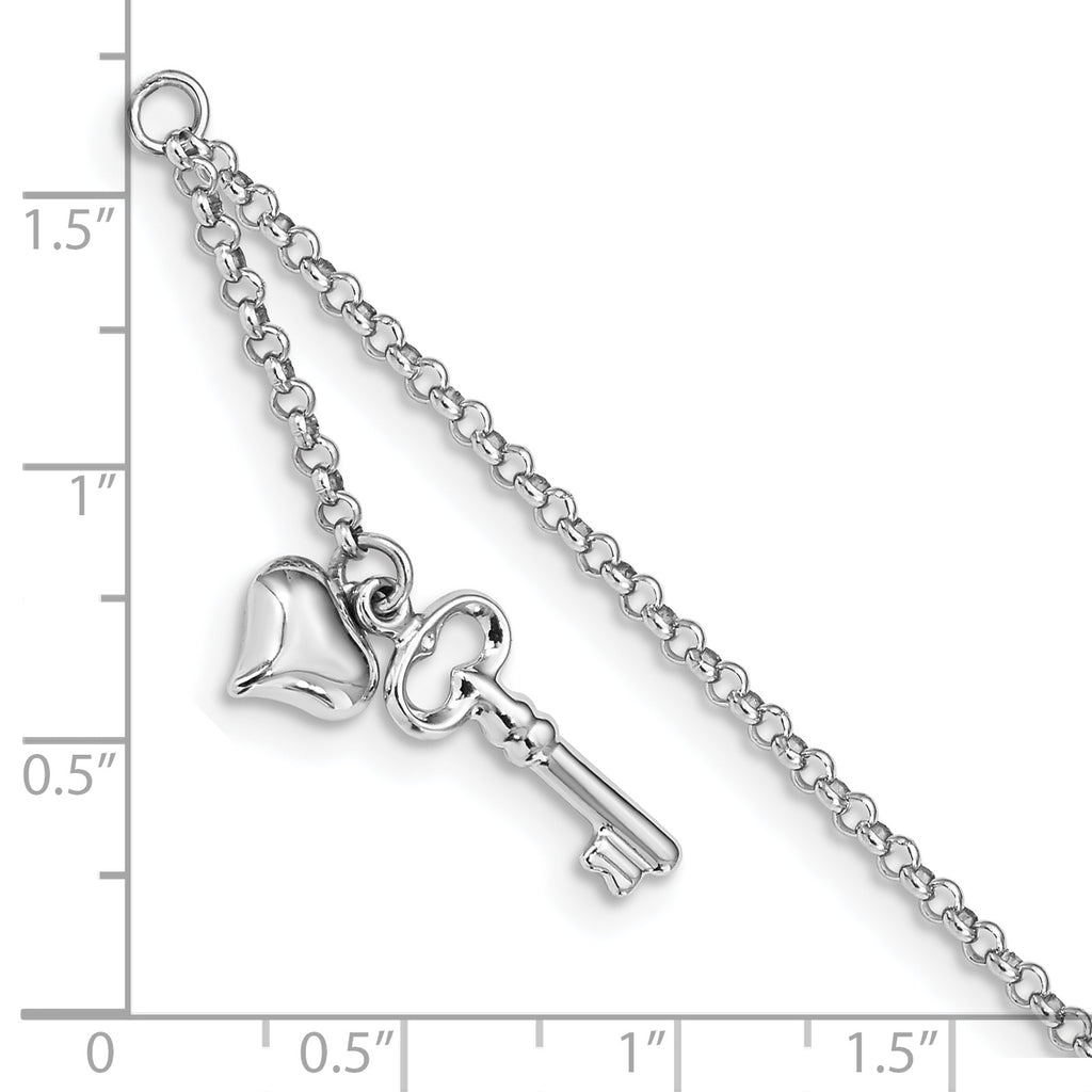 14k White Gold Adj Polished Puffed Heart Key 9in Plus 1in ext. Anklet