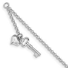 Cargar imagen en el visor de la galería, 14k White Gold Adj Polished Puffed Heart Key 9in Plus 1in ext. Anklet