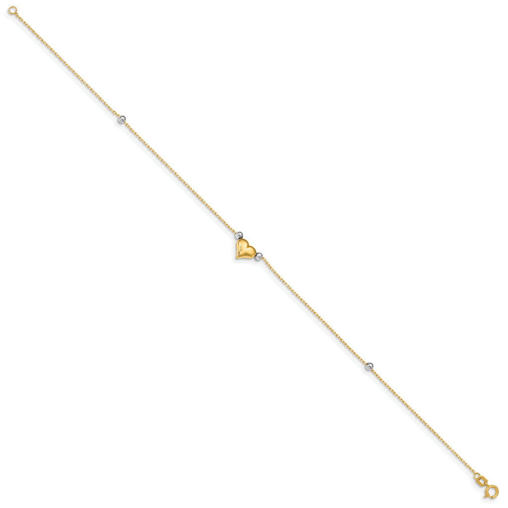 14k Two-Tone Polished Puffed Heart with Beads 10in Anklet