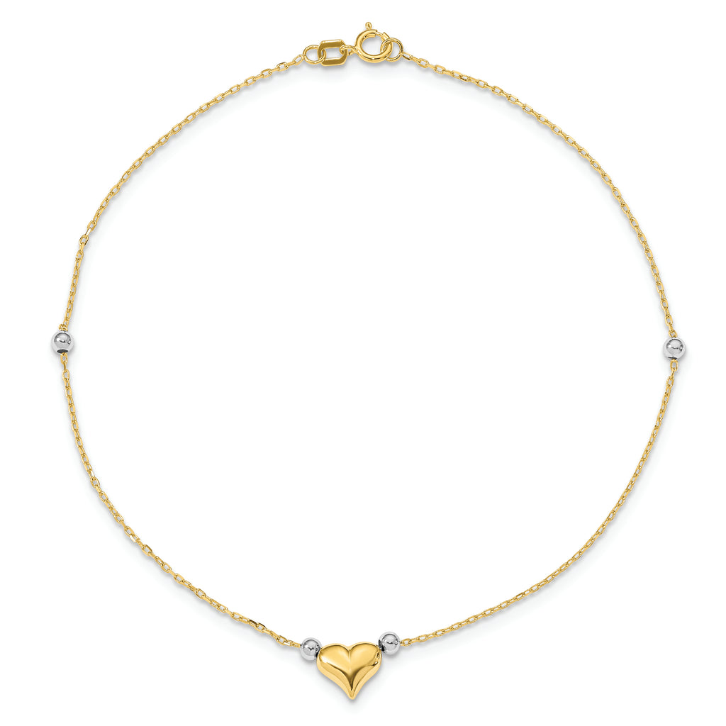 14k Two-Tone Polished Puffed Heart with Beads 10in Anklet