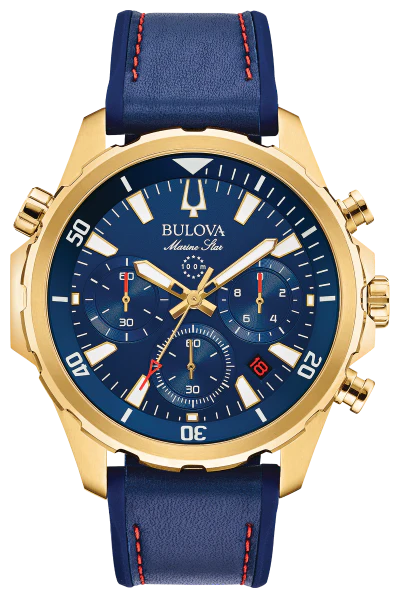 Bulova Marine Star 97B168 Banda azul Costuras rojas