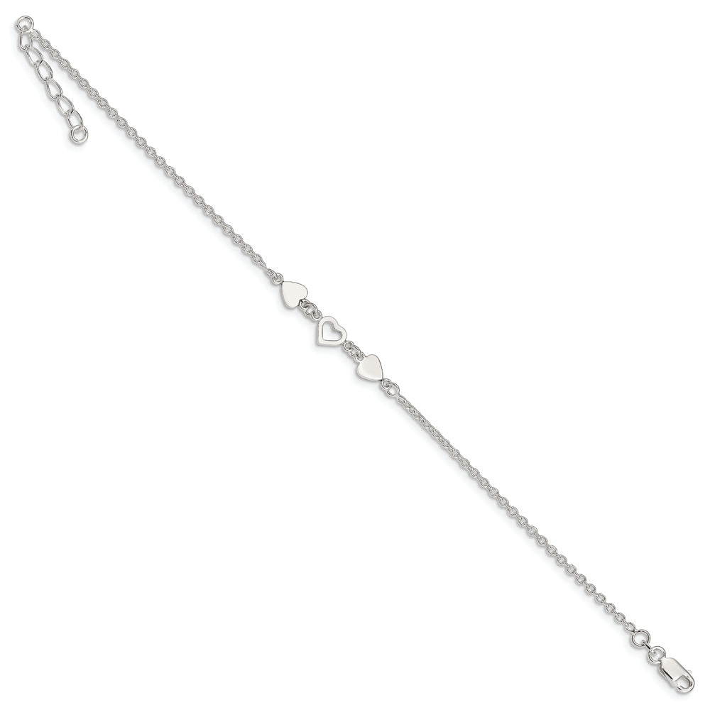 Sterling Silver 8 inch Plus 1in ext.Heart Link Anklet