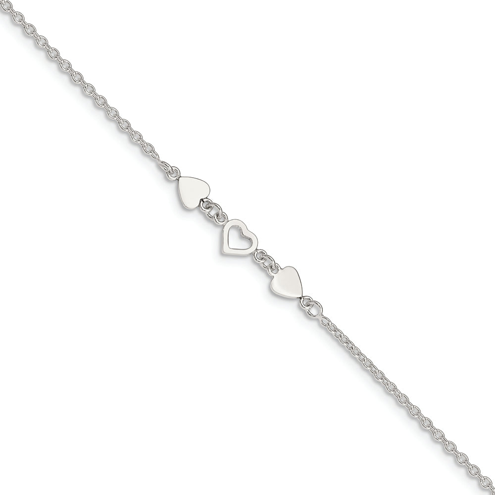 Sterling Silver 8 inch Plus 1in ext.Heart Link Anklet