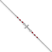 Load image into Gallery viewer, Sterling Silver Rhodium-plated Polished CZ Red Enamel Bead Cross Anklet