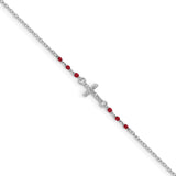 Sterling Silver Rhodium-plated Polished CZ Red Enamel Bead Cross Anklet