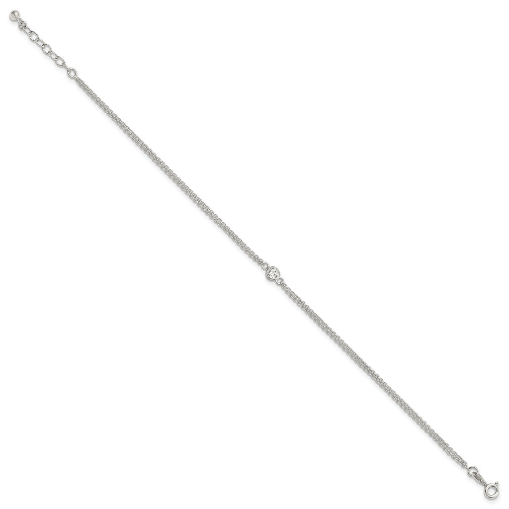 Sterling Silver Bezel CZ 2-Strand 9in Plus 1 in Ext. Anklet