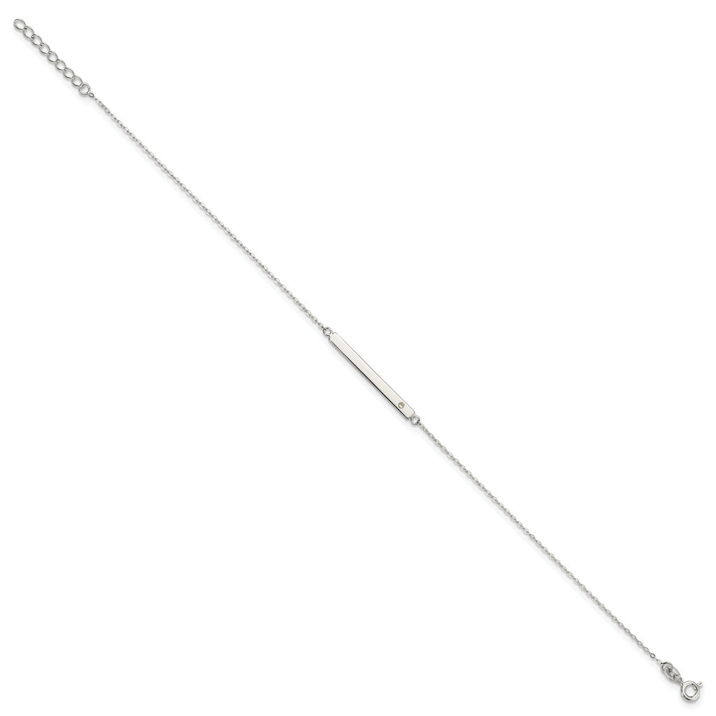 Sterling Silver Polished Crystal Bar 9in Plus 1in ext Anklet