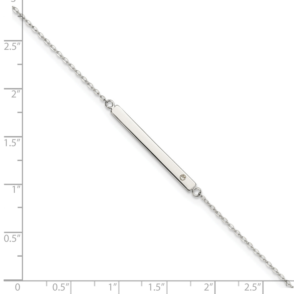 Sterling Silver Polished Crystal Bar 9in Plus 1in ext Anklet