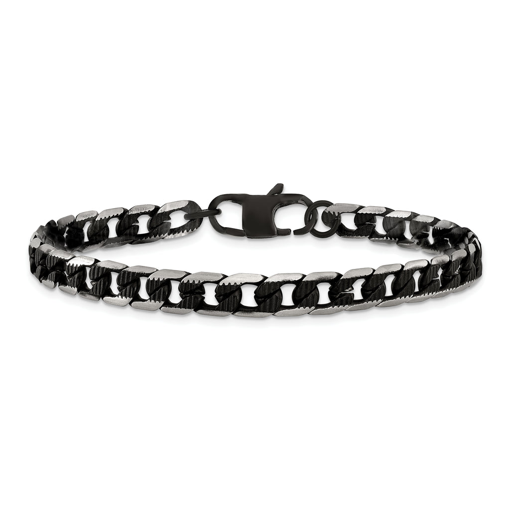 Stainless Steel Brushed & Textured Black IP-plated Curb Chain 8in Bracelet