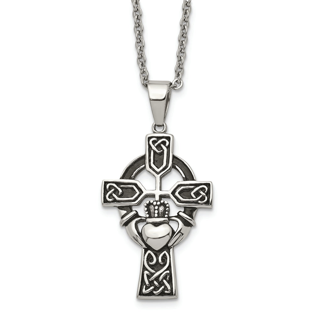 Stainless Steel Antiqued and Polished Claddagh Cross 20in Necklace