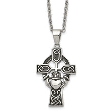 Cargar imagen en el visor de la galería, Stainless Steel Antiqued and Polished Claddagh Cross 20in Necklace