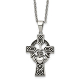 Stainless Steel Antiqued and Polished Claddagh Cross 20in Necklace