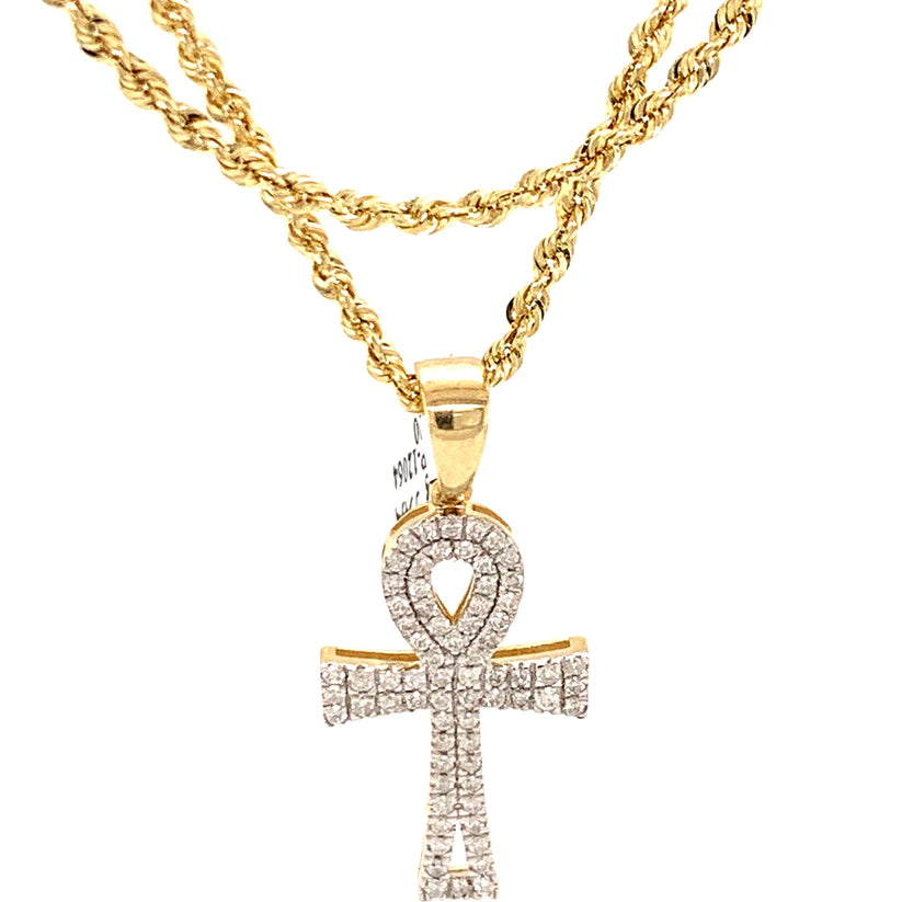 Colgante Ankh de oro amarillo de 10 k y diamantes con cadena