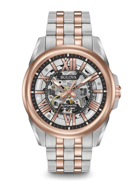 Bulova acero inoxidable con acento de rosa automático 98a166