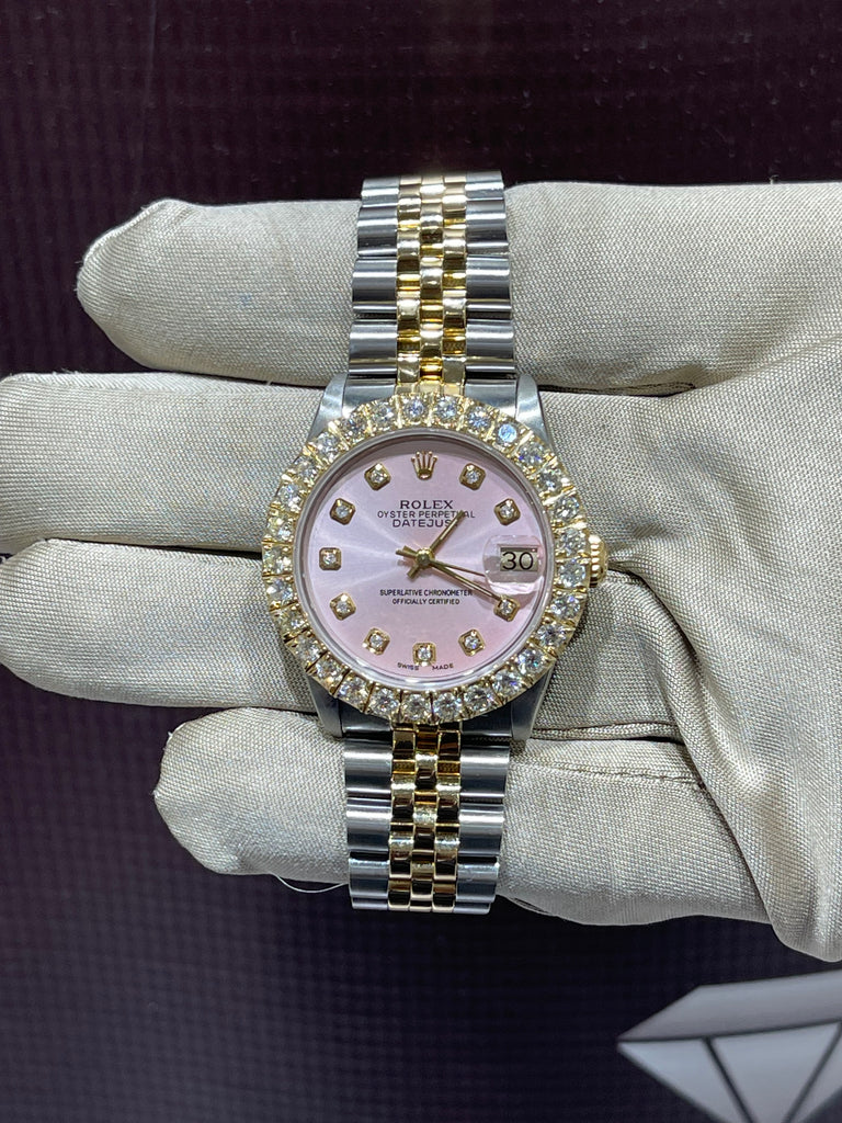 Preowned 31mm Two Tone Rolex Datejust Pink Single Stone