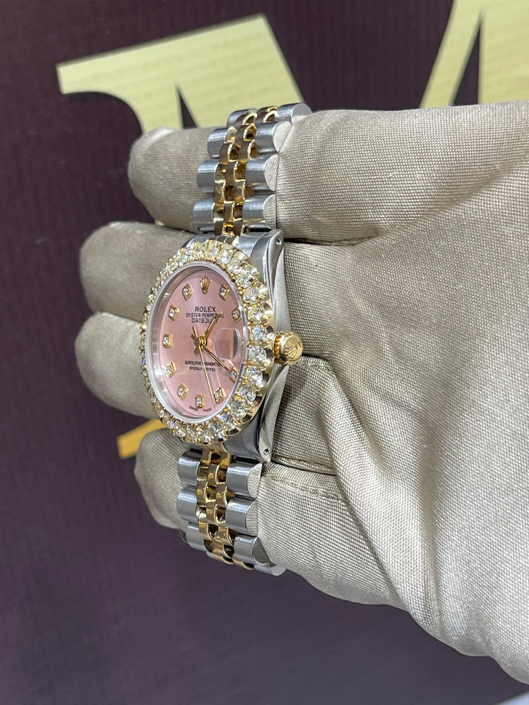 Preowned 31mm Two Tone Rolex Datejust Pink Single Stone